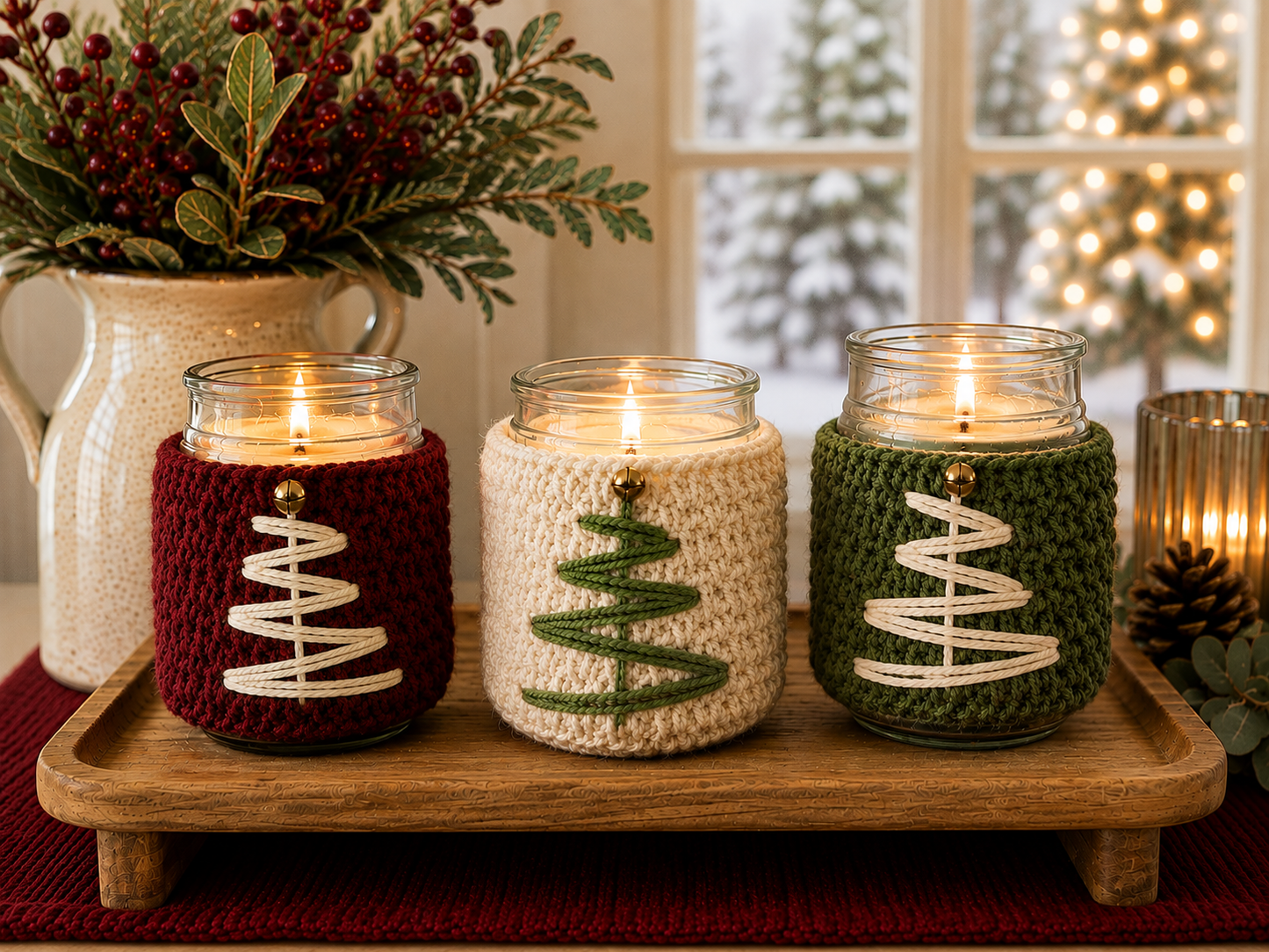 Vintage Evergreen Hand Crocheted Christmas Candle Sleeve Collection - Holiday Candle Cozy