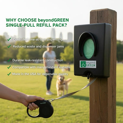 Dog Waste Station Bags – Single-Pull Refill 9" x 13" | Park Dispenser Compatible | Made in USA | beyondGREEN