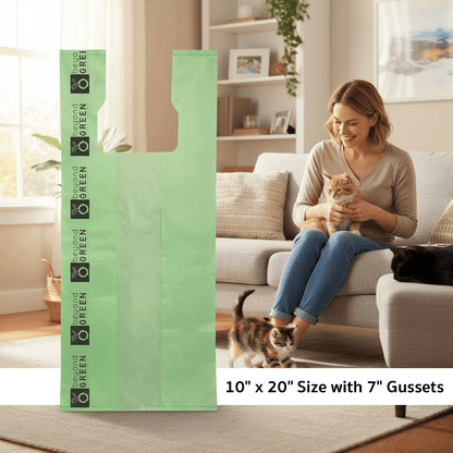 Large Cat Litter Bags – 10" x 20" with 7" Gusset & Handles | Heavy-Duty | Made in USA | beyondGREEN