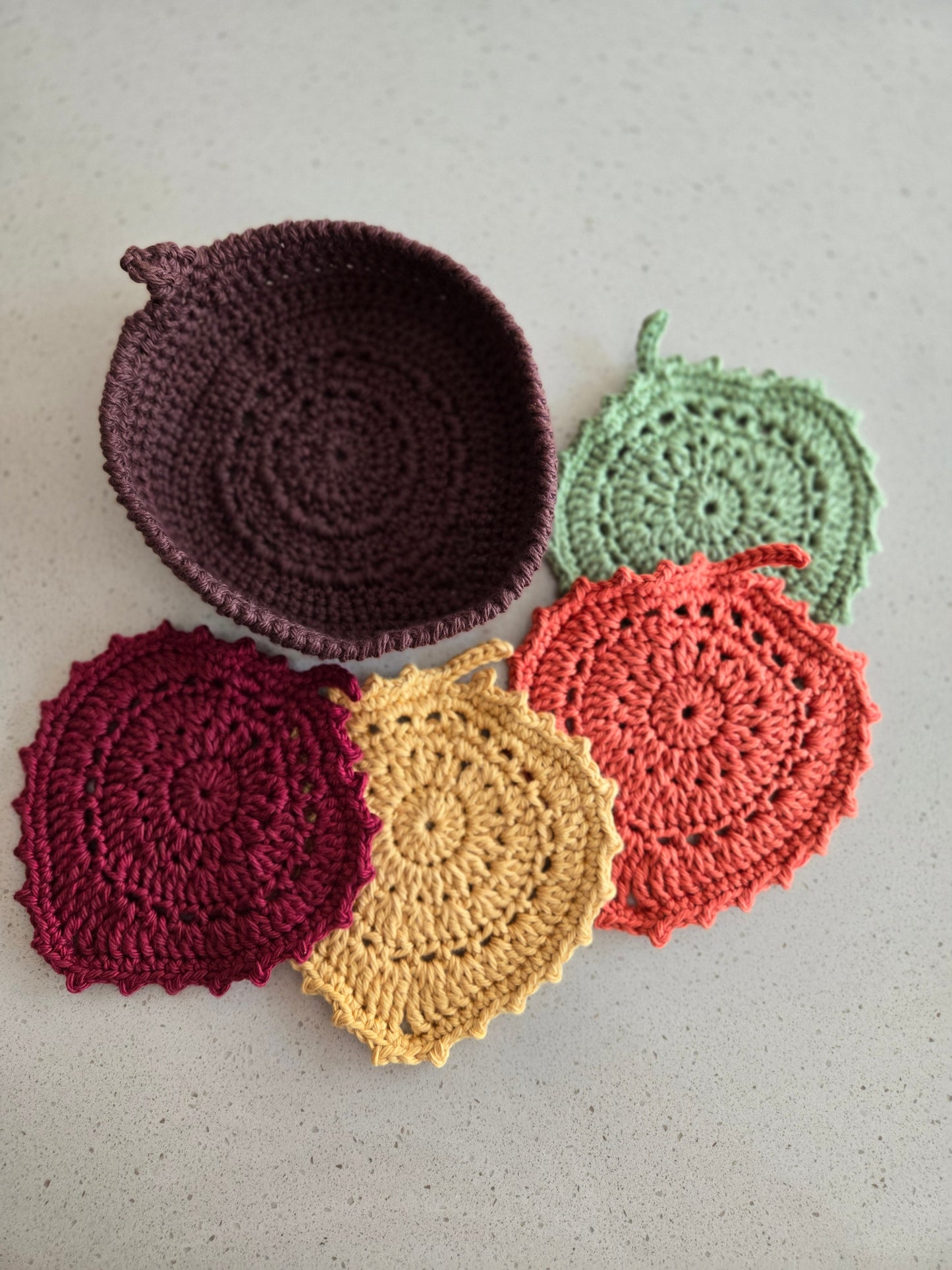 Crochet Fall Leaf Coaster Set with Holder