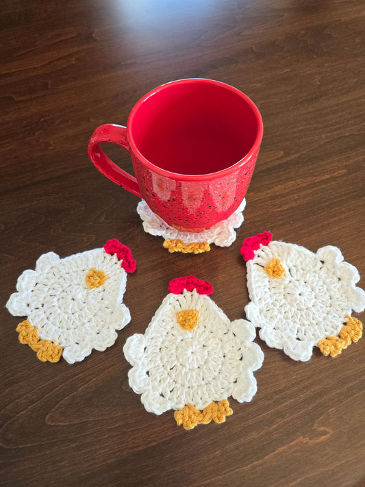 Handmade Crochet Chicken Coasters | Farmhouse Kitchen Decor | Set of 4