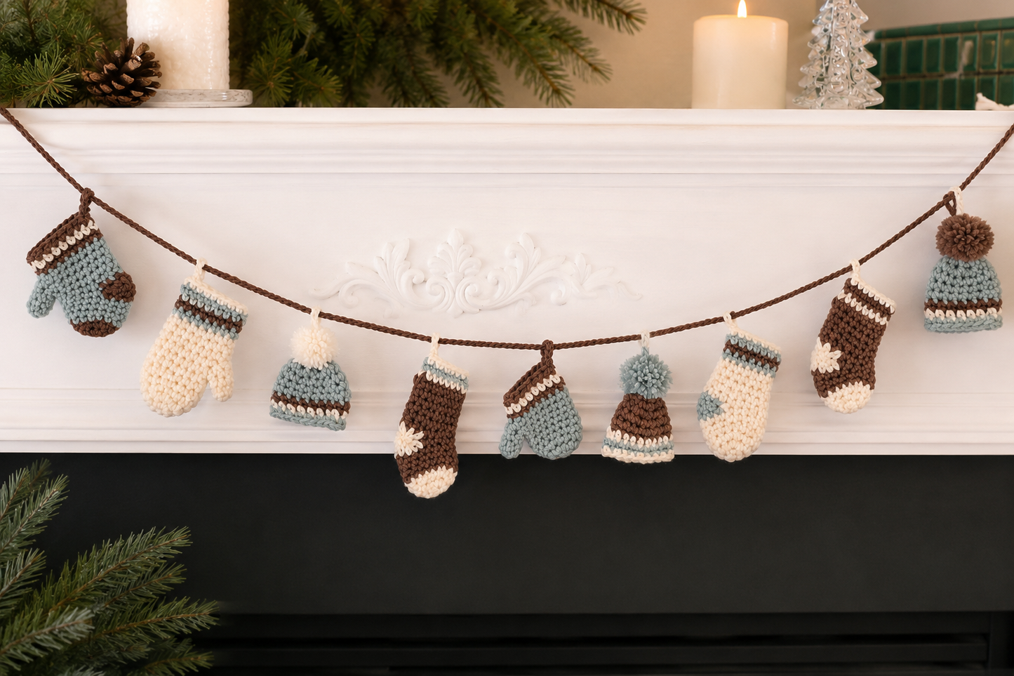 Woodland Calm Crochet Christmas Garland | Handmade Mittens, Stockings & Hats Holiday Garland