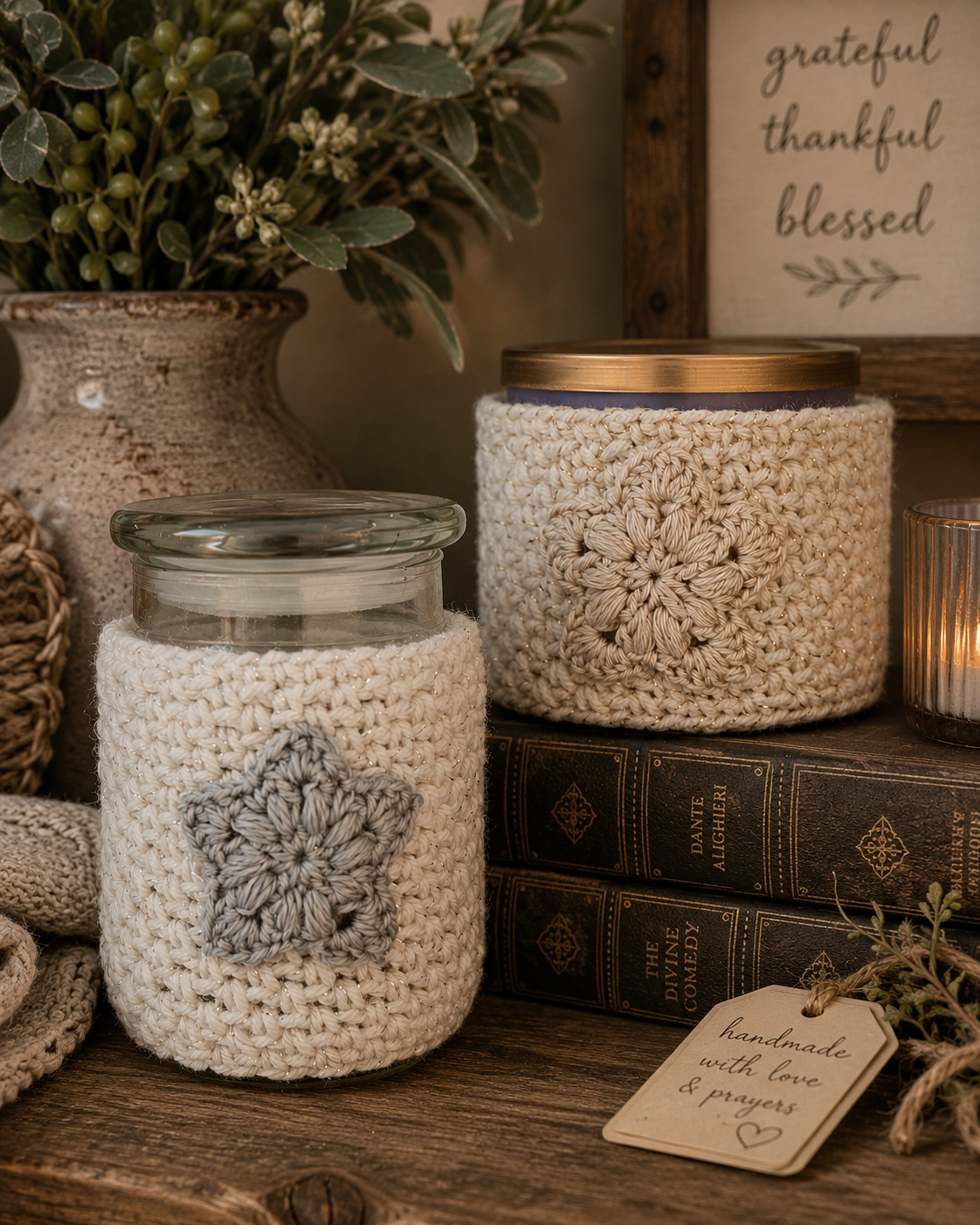 Silver & Gold Crochet Candle Sleeves
