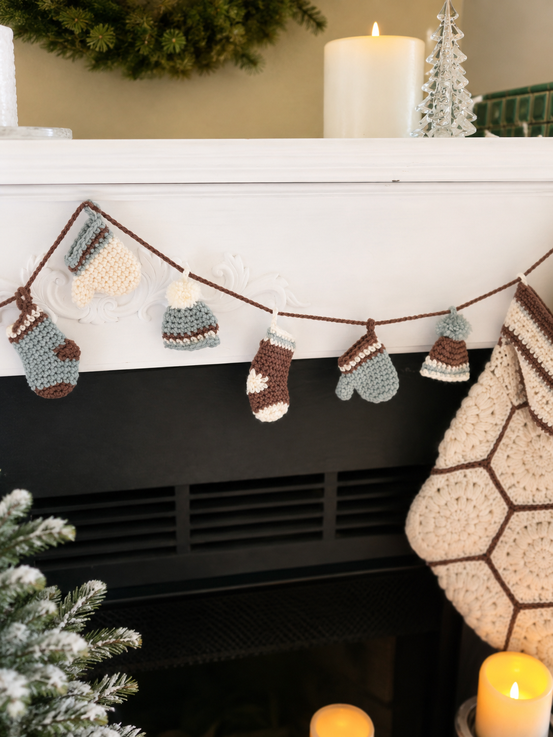 Woodland Calm Crochet Christmas Garland | Handmade Mittens, Stockings & Hats Holiday Garland