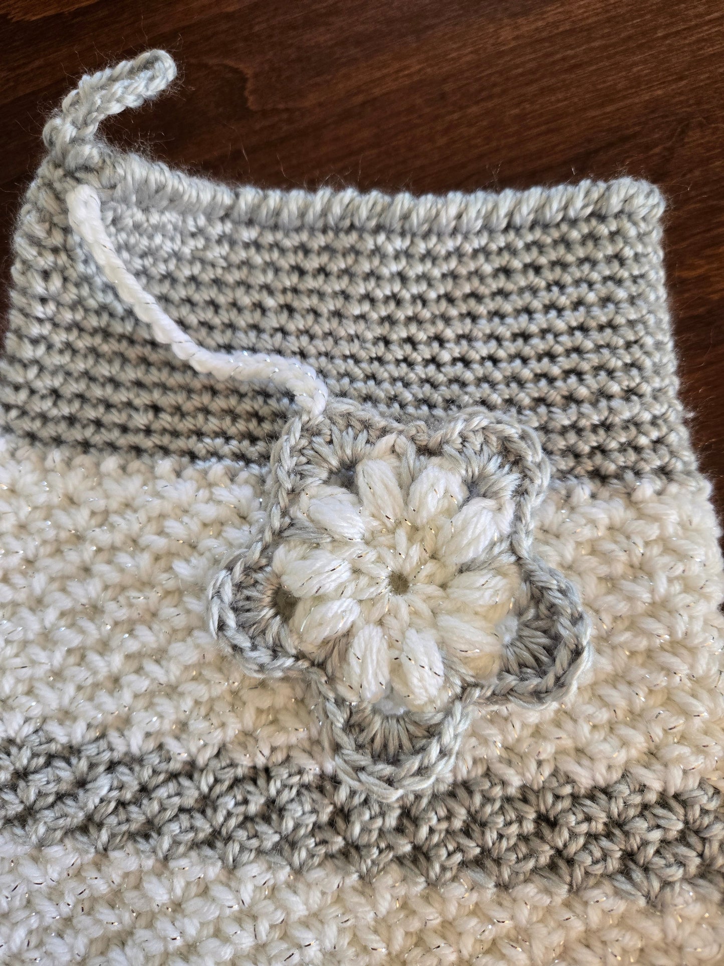 Silver & Gold Crochet Christmas Stocking - Handmade Holiday Stocking