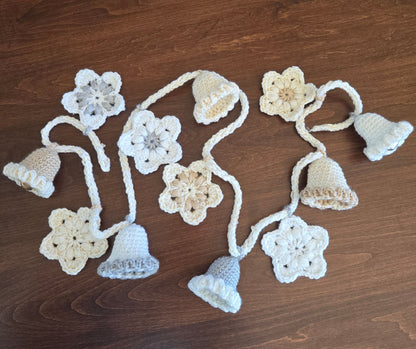 Silver & Gold Crochet Christmas Garland | Handmade Bells & Stars Holiday Garland